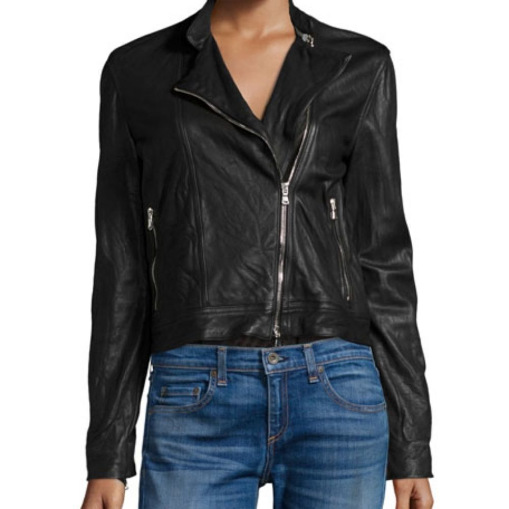 L'Agence Ladies Devon Brown Moto Lamb Leather Jacket - Size 8